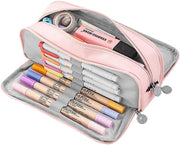 HASTHIP Large Capacity Pencil Case with 3 Compartments, Multi-Functional Pencil Box for Kids, Girls, Boys, Teenagers, Adults, Stationery Organizer Pouch, Pink