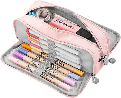 HASTHIP Large Capacity Pencil Case with 3 Compartments, Multi-Functional Pencil Box for Kids, Girls, Boys, Teenagers, Adults, Stationery Organizer Pouch, Pink