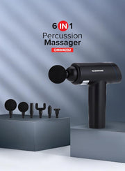 Olsenmark 6-in-1 Percussion Massage Gun Cordless & Rechargeable Deep Tissue Massager with 6 Detachable Heads, 6 Speed Levels, Ergonomic Grip for Full-Body Pain Relief, Stress Reduction, Black