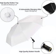 UV Sun Umbrella Compact Folding Travel Umbrella Auto Open and Close for Windproof, Rainproof & 99% UV Protection Parasol with Black Anti-UV Coating - White