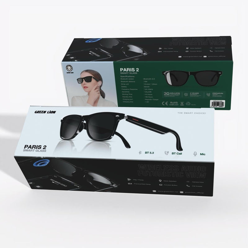 Green Lion Paris 2 Smart Glass, Open Style Audio Experience, Fit Free,8-Hour Endurance,Touch Control, UAV/UVB Protect,Play/Pause Song, Previous/Next Song - Black