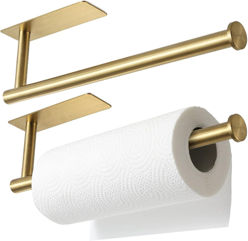 theaoo Under Cabinet Paper Towel Holder for Kitchen, Adhesive Towel Roll Rack for Bathroom,Wall Mounted Matte Black, SUS304 Stainless Steel - Gold 2pc
