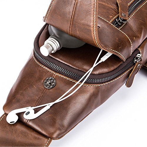 BULLCAPTAIN Men's Sling Bag Genuine Leather Chest Shoulder Backpack Cross Body Purse Water Resistant Anti Theft for Travel Hiking School (Brown)