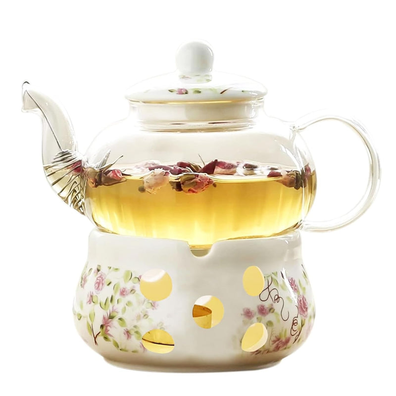 Lomeshow Chinese Flower Ceramic Teapot and Heater, ceramic arabic teapot, Ceramic Teapot with Infuser, Glass Tea Set, Tea Warmer Stand(Without Candle)-a-Base&teapot