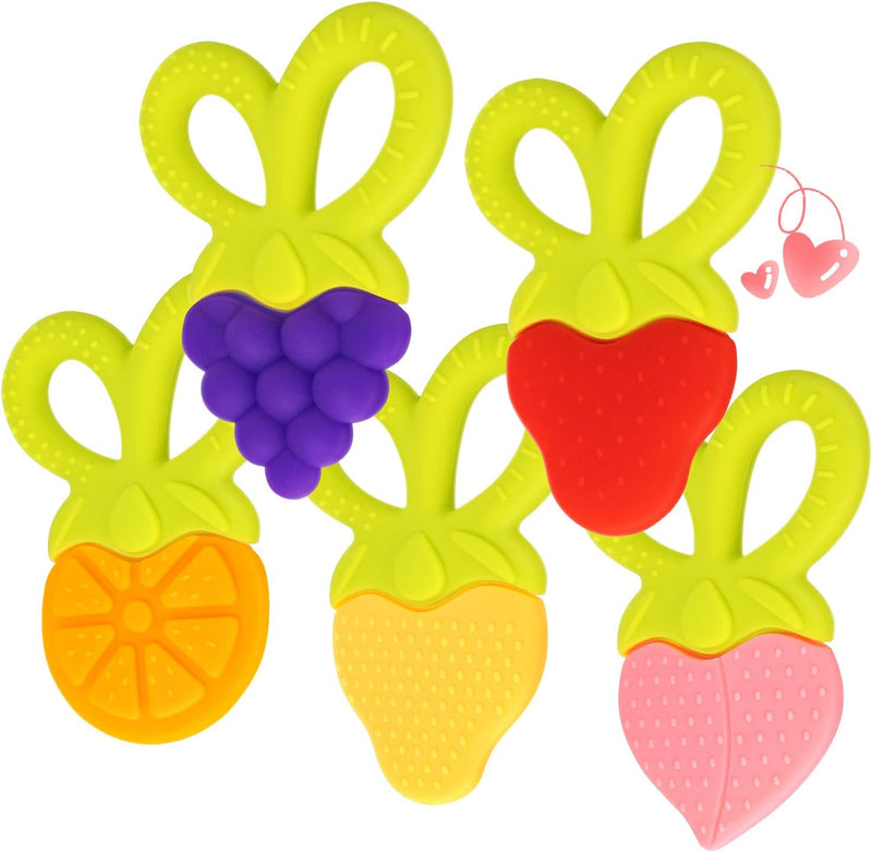 SHARE&CARE BPA Free Silicone Fruit Baby Teether Toy with Storage Case, for 3 Months Above Infant Sore Gums Pain Relief (5 Fruits)