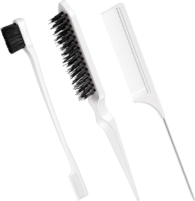 Geiserailie 3 Pcs Slick Back Hair Brush Set Bristle Brush Edge Control Teasing Comb for Women Black Hair(Black)