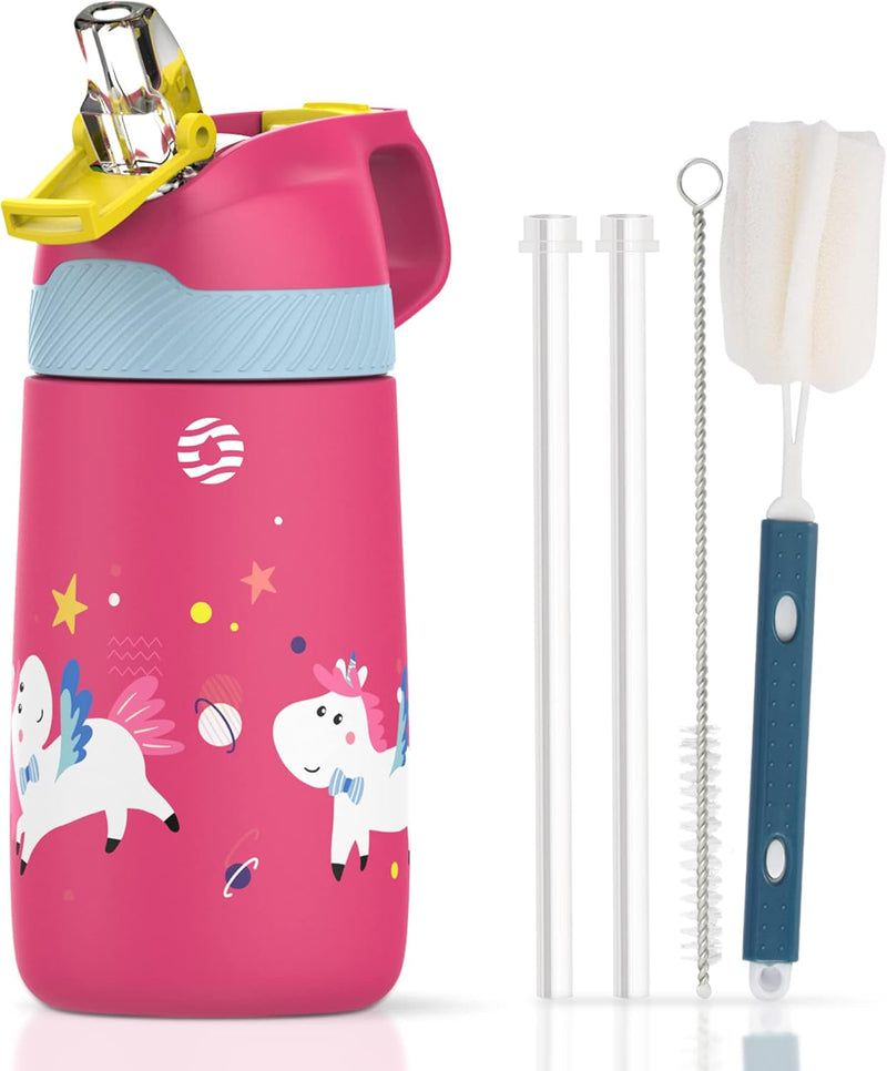 Kids Stainless Steel Water Bottles with Straw, 12 oz Leak Proof Insulated Water Bottle Double Wall Keep Hot Cold Drinks Thermos Toddler Bottle with Handle BPA-Free for School - Mini Unicorns