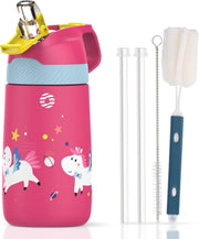 Kids Stainless Steel Water Bottles with Straw, 12 oz Leak Proof Insulated Water Bottle Double Wall Keep Hot Cold Drinks Thermos Toddler Bottle with Handle BPA-Free for School - Mini Unicorns