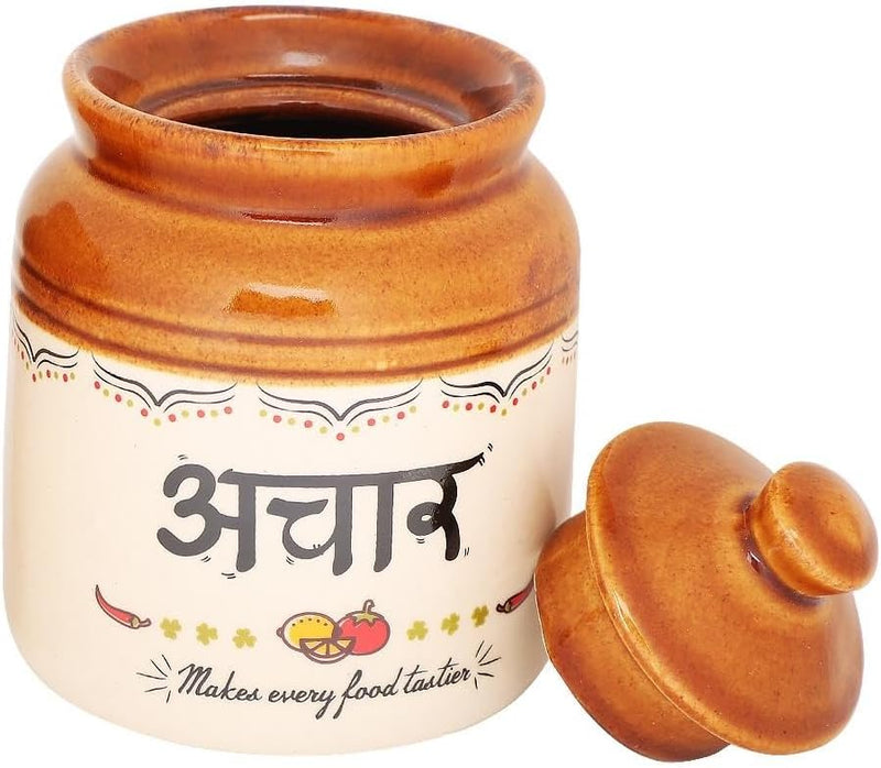 EK DO DHAI (DEVICE) Ek Do Dhai Ceramic Pickle Jar Elegant Jars For Pickles Containers With Lids Convenient For Dining Table Martbaan Stoneware Printed 1 Piece 300 Ml 10 Oz, Multicolor
