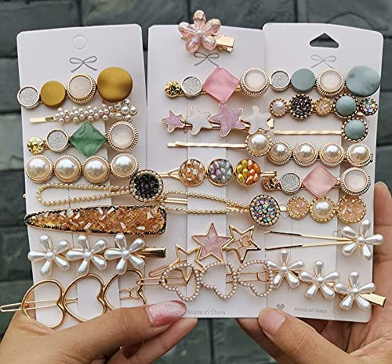 Annacreations Korean Fashion Style Pearl Rhinestone Metal Hair Clips Hair Pin Stylish Hair Accessories Jewellery For Women's And Girls, Multicolour (Pack of 24 Pcs)