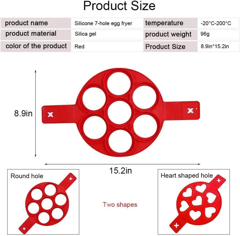 Omelette Mold Pancake Mold Ring 2 Silicone Pancake Molds 7 Holes Heart Reusable Silicone Non-Stick Pancake Tool Egg Ring for Egg Maker Makes Right Shape (Red)