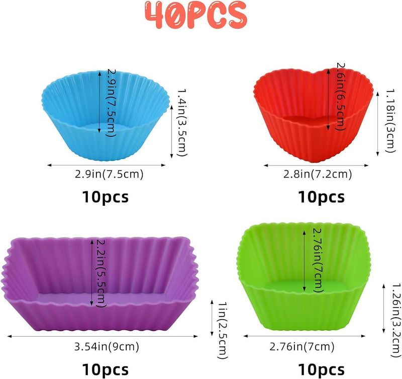 40 Pcs Durable Thick Reusable Silicone Cupcake Liner Set Non-Stick Muffin Cups in Square, Heart, Rectangle and Circle Shapes,Bento Lunch Box Accessories