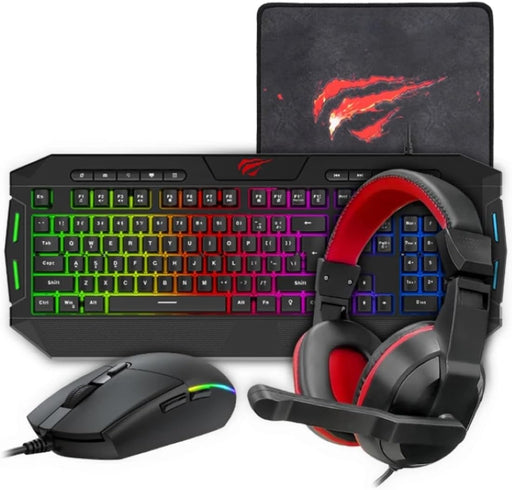 HAVIT 4-in-1 Wired Gaming Combo RGB Backlit Keyboard (114 Keys), 6-Button Mouse (8002400 DPI), 3.5mm Headset with Mic, Fine-Mesh Mouse Pad PC, Mac, Laptop Compatible Black/Red