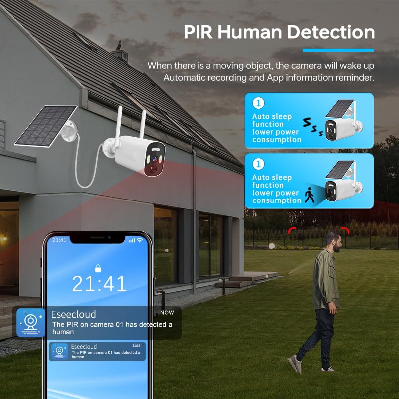 Skade 4MP Solar Security Camera Wireless Outdoor, Rechargeable Battery Powered Camera, 2.4Ghz WiFi Camera for Home Security, Motion Detection, 2-Way Talk, Color Night Vision, Cloud/SD, IP65 Waterproof