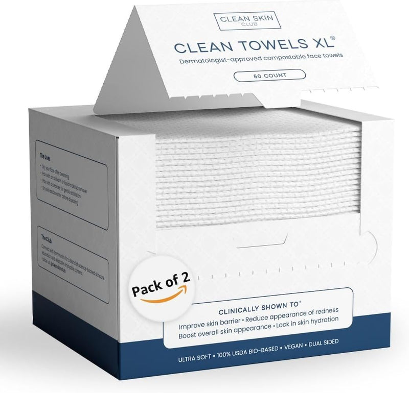 CLEAN SKIN CLUB CSC CT Clean Towels XL/World's First Biodegradable Face Towel/Disposable Makeup Removal Wipes/Super Soft 50 Count Single BoxWhite