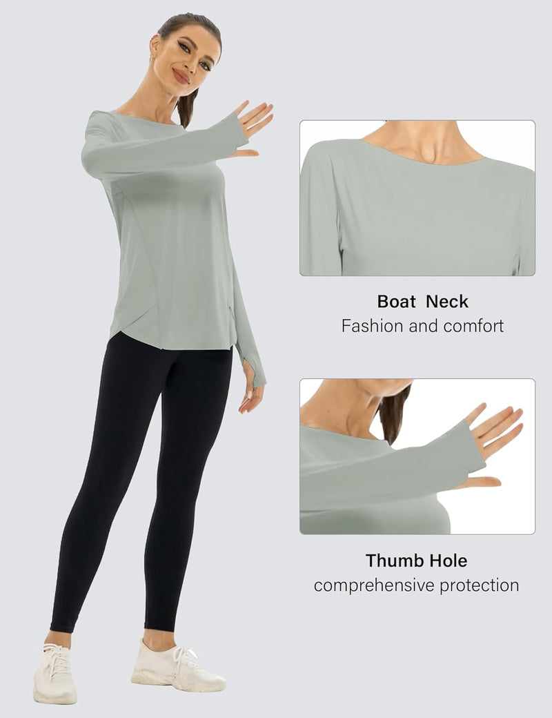 Rapbin Women's UPF 50+ Sun Protection T-Shirts Long Sleeve Boat Neck Workout Lightweight Quick Dry Top with Thumb Hole