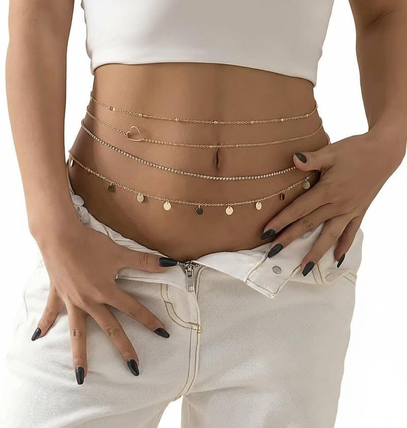Metal Waist Chain for Women Girls Adjustable Body Link Belt Fashion Belly Jewelry 4 Pieces Belly Waist Chain, Summer Body Beach Jewelry for Jeans Dresses (Gold)