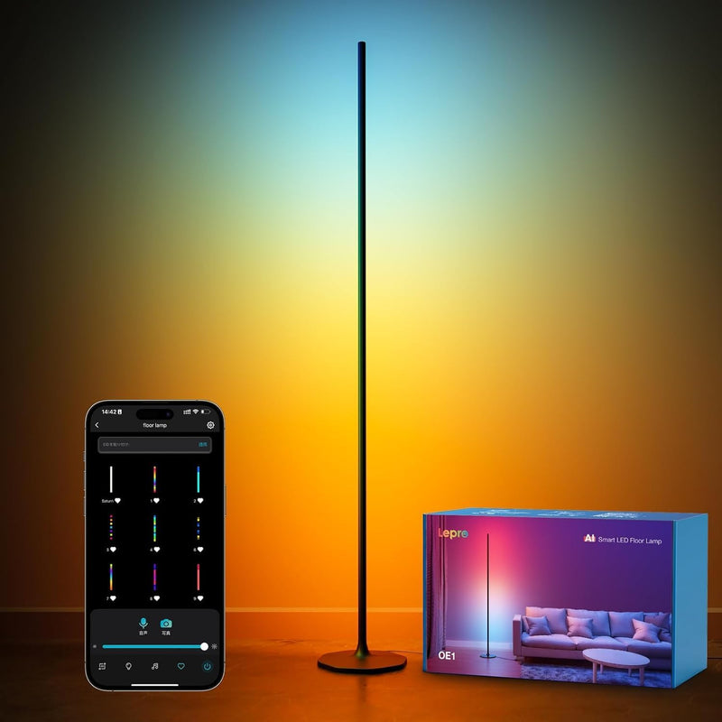 O1 AI Floor Lamp, 2300LM Smart LED Standing Lamp APP/WiFi Control, Alexa/Google Assistant Enabled, Modern Floor Lamp with Music Sync, DIY Mode, RGBCW &CCT, Lamps for Living Room, Bedroom, Office - Bar-shaped 1000 lm