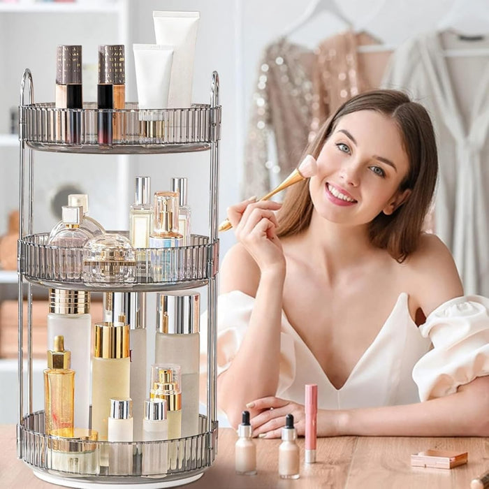Makeup Organize Rotating,Perfume Organize, 360° Luxury Acrylic Makeup Organizer & Skincare Rack Spinning Lazy Susan 3 Tier,Dressing table to display your perfumes and cosmetics. (White-2)