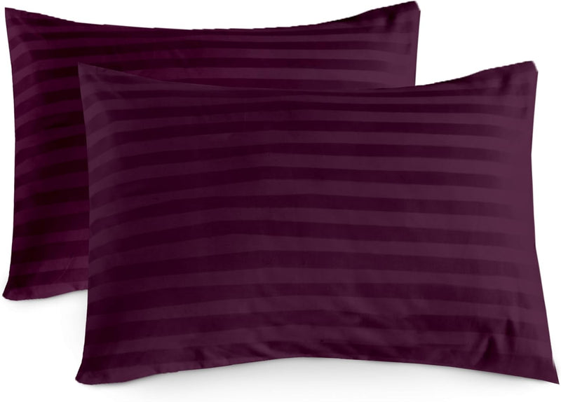 100% Cotton Luxury Hotel Quality Sateen Duvet Cover Set, 2cm Satin Stripe, Hidden Button Closure, Ultra-Soft Sateen Weave, Breathable & Hypoallergenic (White, Queen 240x220cm) - Plum H.W Pillow Cover (Pair)