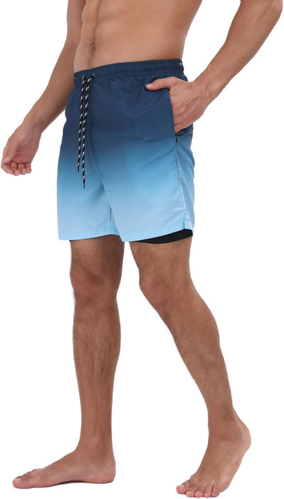 Mens Swim Trunks with Compression Liner 2 in 1 Quick Dry Beach Swimming Trunks Swim Shorts with Zipper Pockets