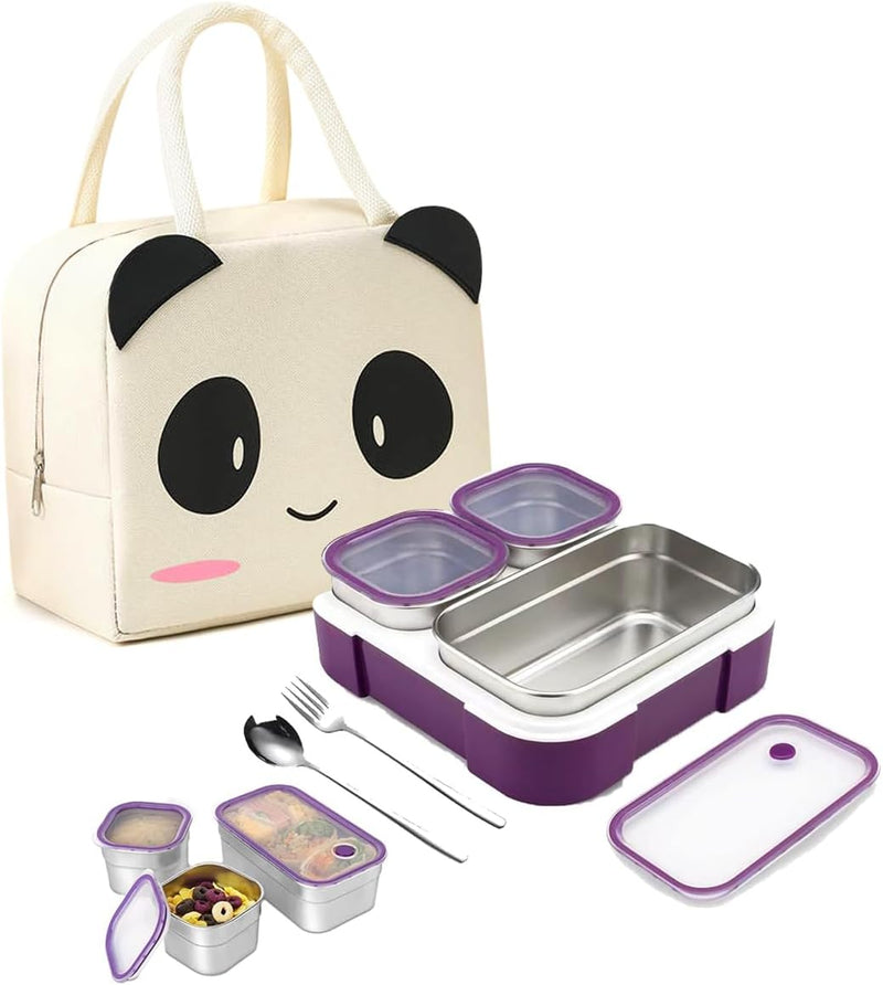 Stainless Steel Lunch Box for Kids School,Insulated Bento Lunch Box with Tableware & Bag,3 Compartment Divided Lunch Containers with Lids, 720ml (Green) - Purple