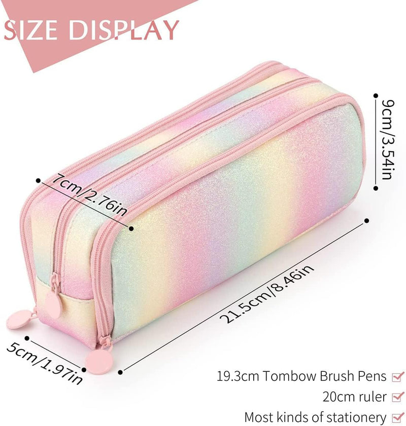 Large Capacity Pencil Case 3 Compartment Pencil Pouch Pen Bag for Teen Girls Boy Men Women (Rainbow)