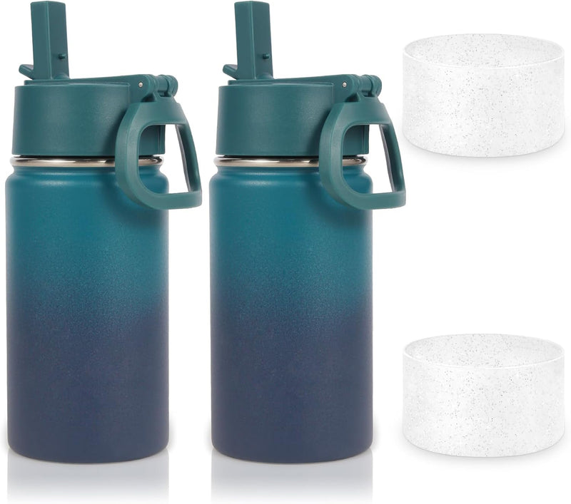 14oz Water Bottle with Straw Lid and Silicone Boot Bulk 2 Pack,Stainless Steel Insulated Cups for Boys & Girls Multipack,Double Wall Vacuum Leakproof Kids bottles(Red,1) - 2 Dark Night