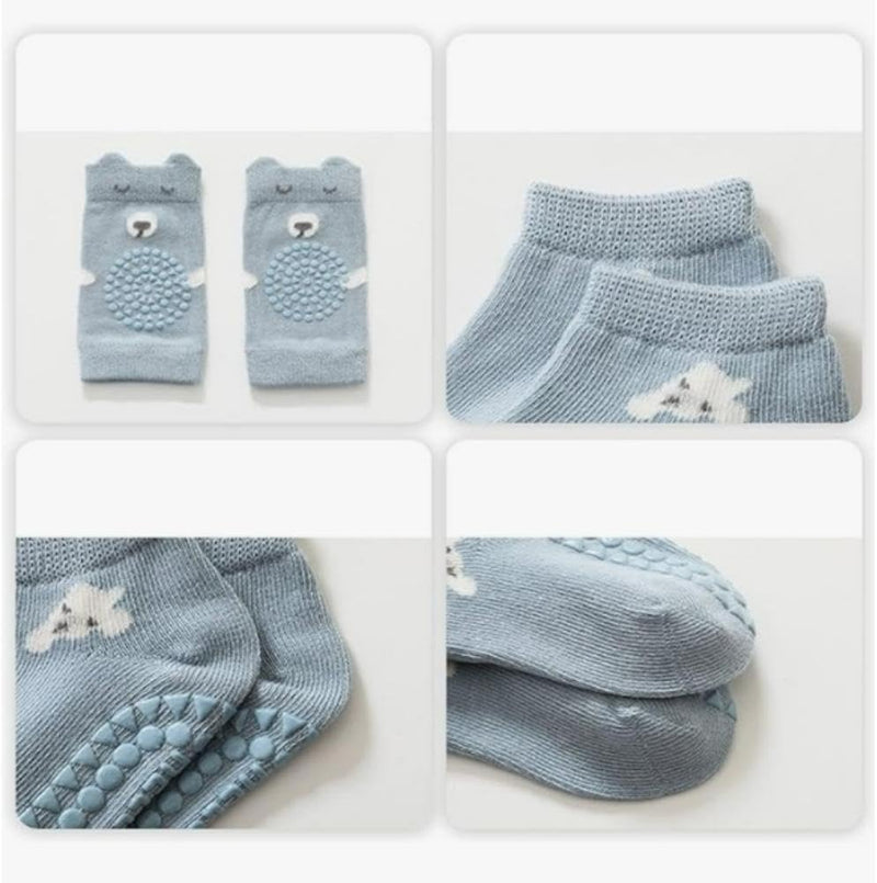 Erweicet Baby Socks & Knee Pads for Crawling, 3 Pair Non-Slip Cotton Crew Socks & Pads for Boys & Girls