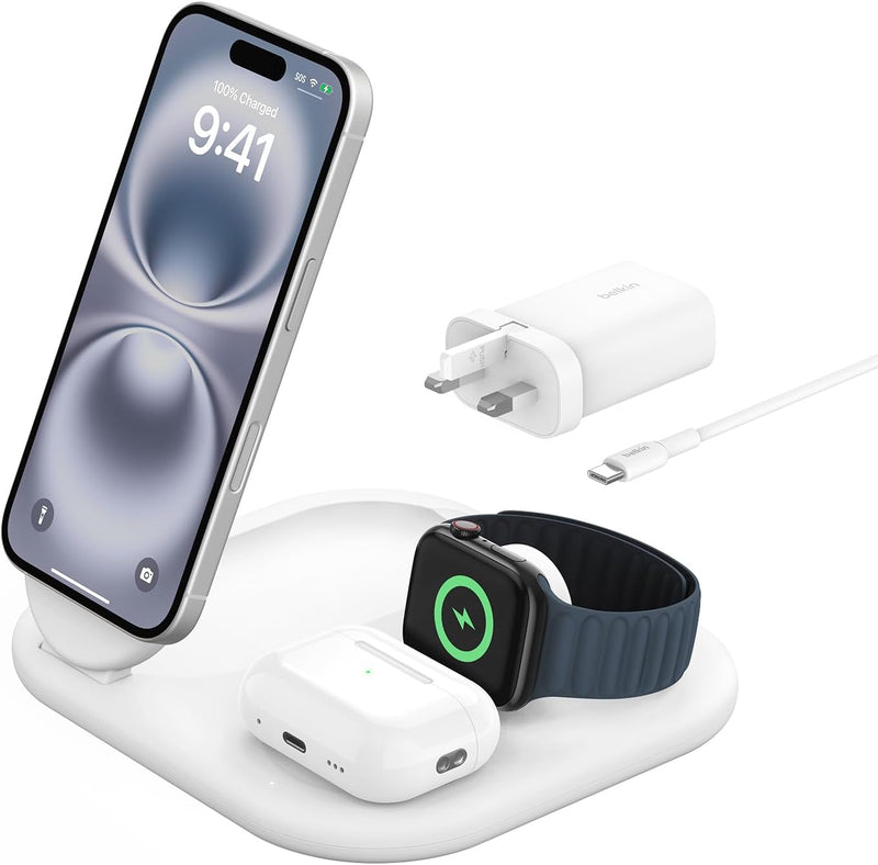 Belkin BoostCharge 3-in-1 Magnetic Foldable Charger with Qi2 15W, MagSafe Compatible Fast Charger for iPhone 17, Air, 16, Pixelsnap, Apple Watch, AirPods with Non-Slip Base, PSU Included - White - White