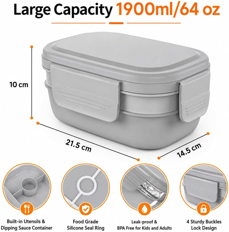 3-Layer Bento Lunch Box with Lunch Bag, Stackable Food Container with Built-in Cutlery Set for Kids, Adults, School, Office and Picnic(Grey)