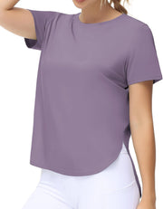 Women's Workout T-Shirts Loose Fit Short Sleeve Cotton Running Basic Tee Tops with Split Hem - Grey Purple