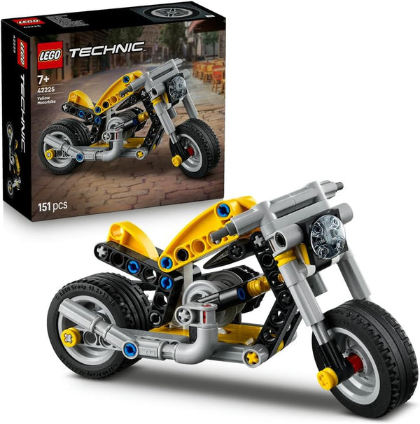 Technic Yellow Motorcycle Toy - Vehicle Model Building Kit w/ 3-Piston Engine - STEM Birthday Gift for 7+ Year Old Boys & Engineering Fans - 42225
