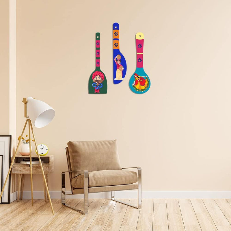 Artvibes Rajasthani Culture Wooden Wall Hanger for Home | Office | Living Room | Gift | Modern Decoration Items | Kitchen Wall Decor | Home Decor Hanging Items (WH_5012N), Set of 3