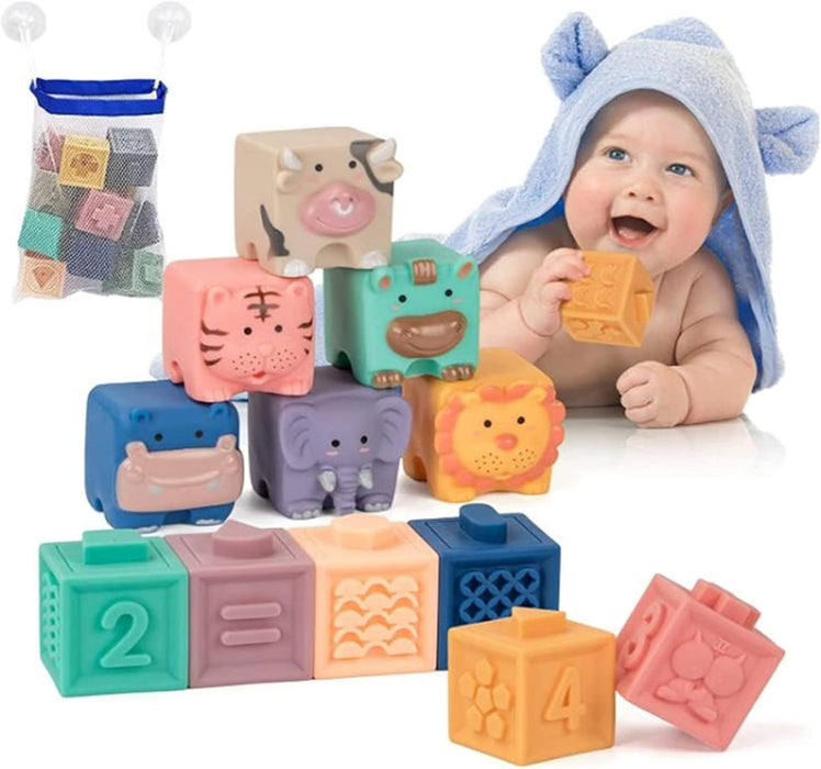 AM ANNA Baby Blocks Toys Soft Stacking Blocks Montessori Learning Babies Infant Teething Chewing Toy, Squeeze Sensory Toys, Bath Toy for Toddler Baby Girl Boy with Suction Cup Storage Bag