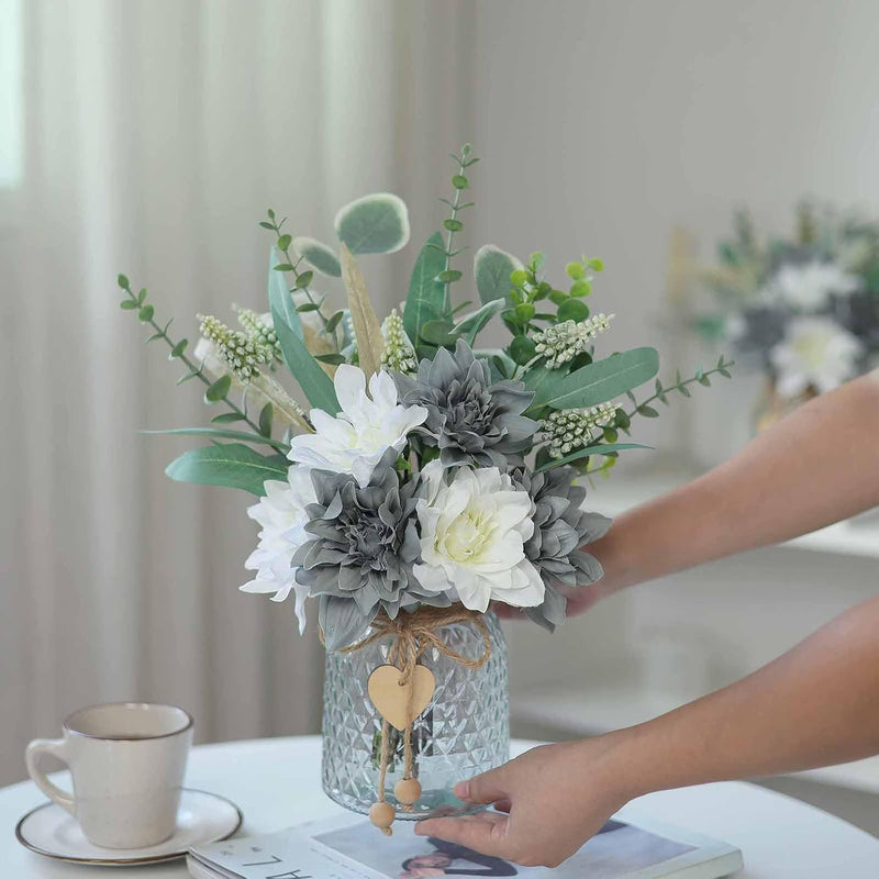 Faux Flowers with Vase, Artificial Silk Flowers in Vase, Fake Plant Eucalyptus and Willow,Flower Arrangement for Home Farmhouse kitchen Dining Table Centerpiece Decorations Table Decor (Grey Blue)