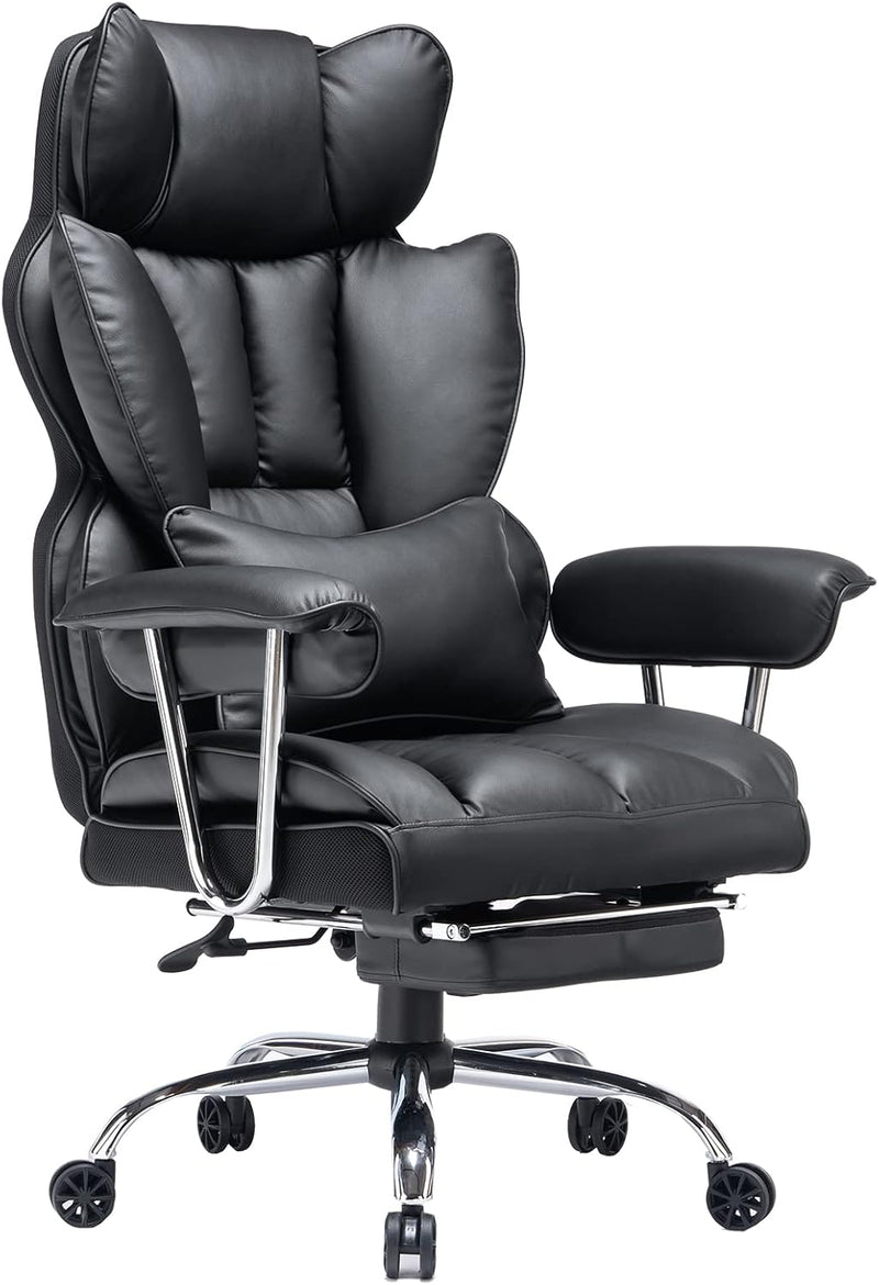 Big and Tall Office Chair 400lbs PU Leather Executive Desk Chair with Lumbar Support & Leg Rest, Heavy-Duty Computer Chairs for Home Office, Pink 400lbs support, 135 recline, dual-layer foam cushion, 23.5" seat & footrest. BIFMA - Black