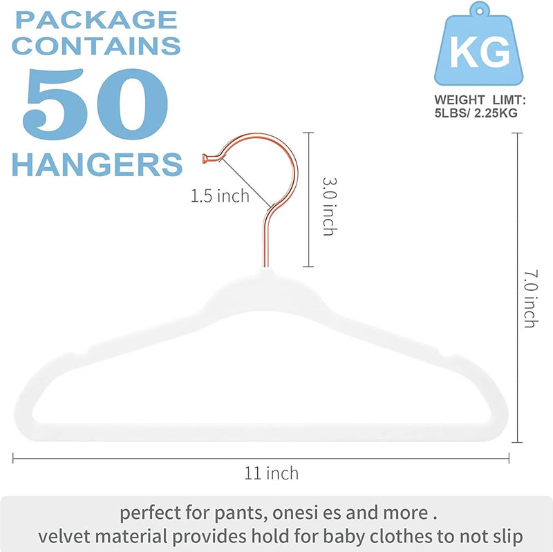Red Dot Gift® 50 Pack Baby Velvet Hangers 11Inch/28cm - Nursery Clothes Hangers Non Slip Toddler Hangers, 360 Chrome Swivel Hook (White, 50)