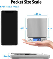 NEXT-SHINE Digital Kitchen Scale 500 x 0.01 Gram, Pocket Size with PCS Tare Switch Weighing Units Function, Stainless Steel Platform
