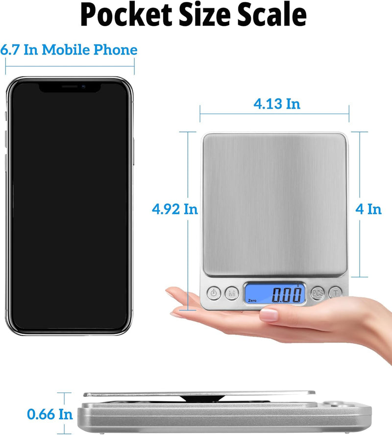 NEXT-SHINE Digital Kitchen Scale 500 x 0.01 Gram, Pocket Size with PCS Tare Switch Weighing Units Function, Stainless Steel Platform