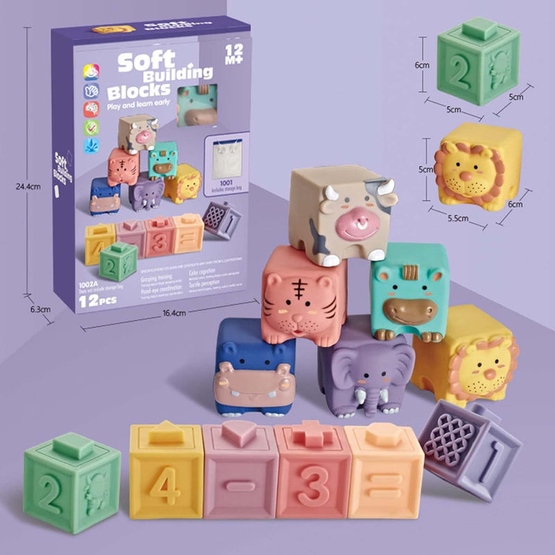 Soft Baby Blocks 6 to 12 Months and Up,Sensory baby stacking toys Babies Bath Toy,Infant Stacking Building Blocks Rings Balls for Boys Girls Teething Toy Play,Animals Fruit Textures Squeeze Block Set