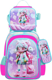 3PCS Kids Backpack for Boys Girls, 16 Inch Water Resistant Bookbag & Lunch Box & Pencil Case for Preschool Kindergarten Primary Junior Elementary School Teen Students (6-12 Age) - A-Candy Girl