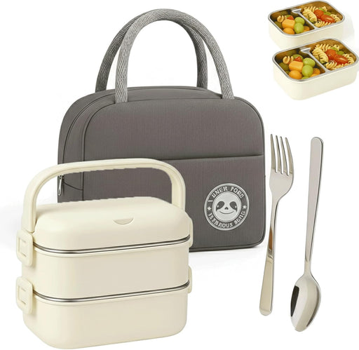 Stainless Steel Lunch Box - 1400ml 2 -Layer Bento Box with Insulated Bag, Spoon & Fork, Leakproof, BPA-Free, Dishwasher Safe - Ideal for Kids & Adults, Office, School, Travel (Cream White)