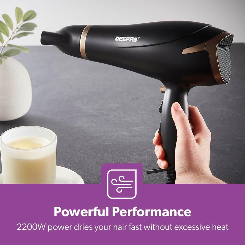 Geepas GH8643 Hair Dryer - 2-Speed & 3 Temperature Settings 2200W Cool Shot Function For Frizz Free Shine Detachable Cap- 2 Years Warranty