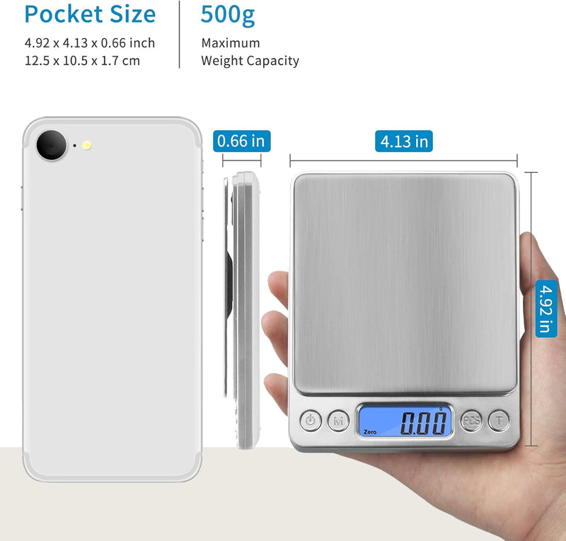toprime Digital Kitchen Scale, Mini/Pocket Scale, 500g 0.01g High Precision Gram Micro Food Jewelry Scale with Platform, LCD Display, Tare and PCS Features