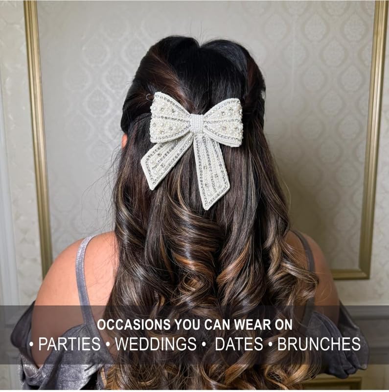 Hair Drama Co. Silver Embellished Crystal Hair Bow Clip With Pearls | Long Tail Hair Bow Barrette Clip | Alligator Hair Barrette for Bride Wedding
