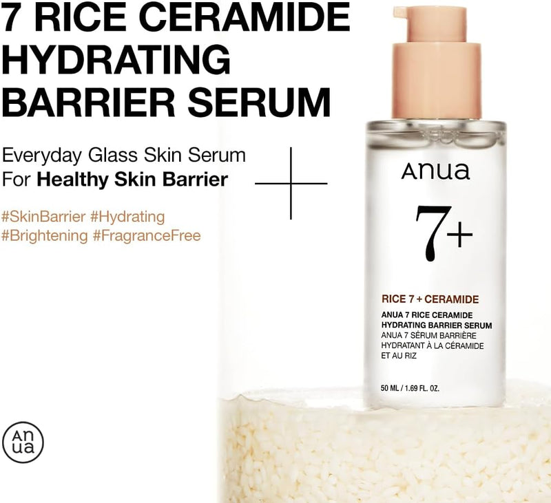 Rice Ceramide 7 Hydrating Barrier Serum, Brightening, Hydrating Serum for Face, Rice, Hyaluronic Acid, Niacinamide, Fragrance-free, Non comodogenic, Glass Skin, Korean Skin Care, 50ml/1.69fl.oz.