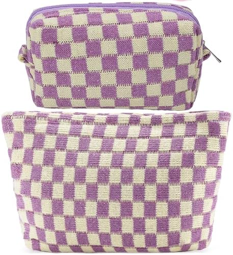 ZLFSRQ 3Pcs Checkered Makeup Bag for Women Large Cosmetic Bag Set Travel Toiletry Bag Makeup Pouch Bag for Purse Pink Zipper Storage Bag Organizer Cute Small Aesthetic Girls Car Essentials Bag