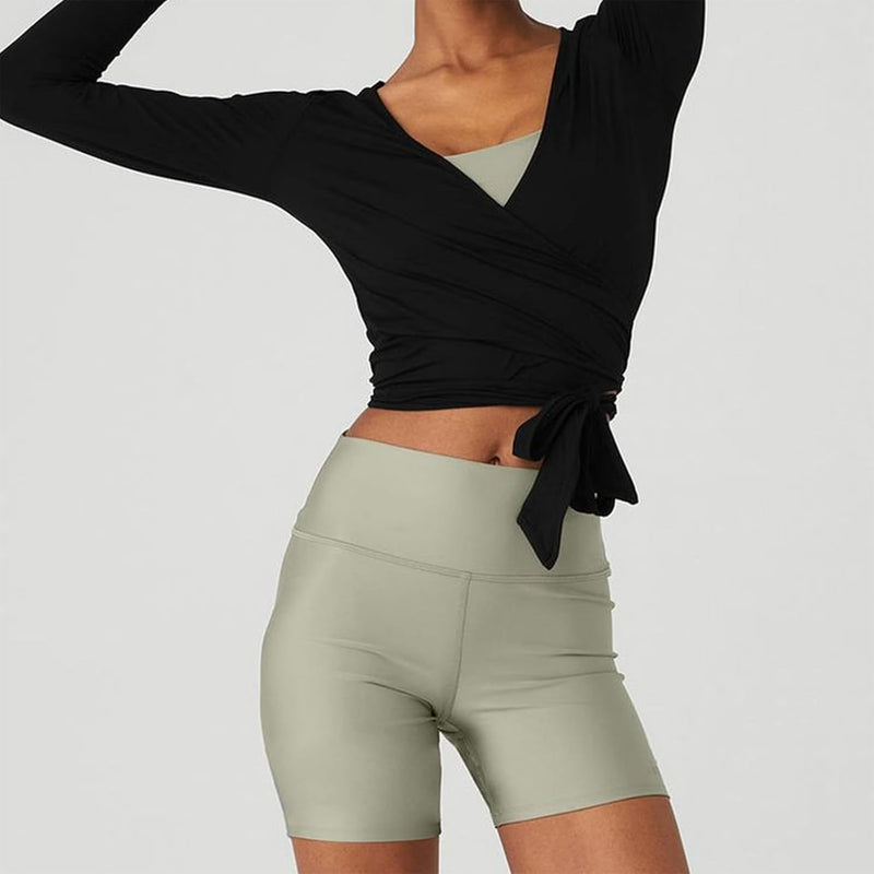 Women Wrap Yoga Shirts Long Sleeve Deep V Neck Tie Front Workout T Shirts Casual Slim Fit Sports Active Tops