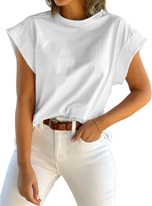 Womens Summer Cap Sleeve Tank Top Crew Neck Solid Casual Loose Fit Basic Tee Shirt - White